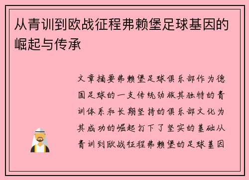 从青训到欧战征程弗赖堡足球基因的崛起与传承